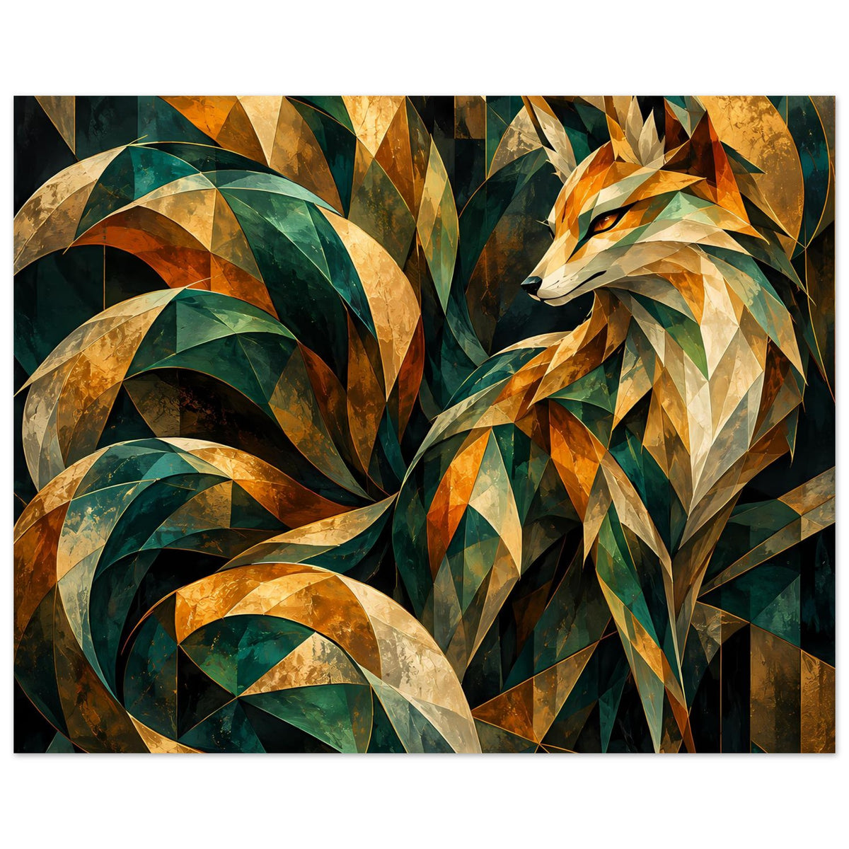 Kunstposter: Fuchszeichnung aus Prismen in Grün, Gold und warmem Beige
