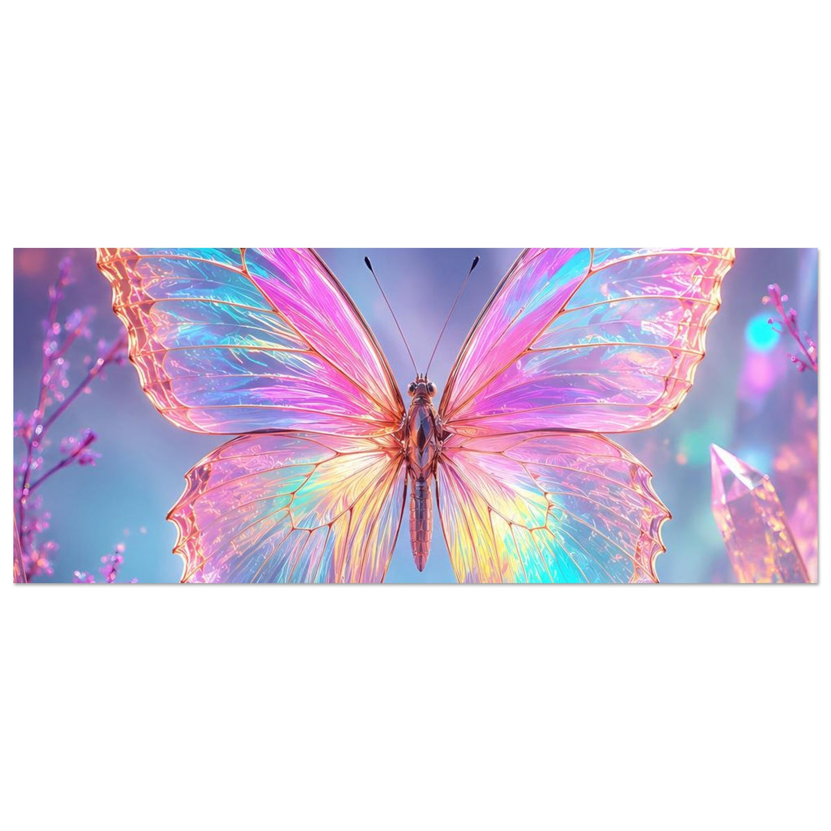 Fantasy-Poster im Querformat: Regenbogen-Schmetterling mit schillernden Flügeln, zentriert