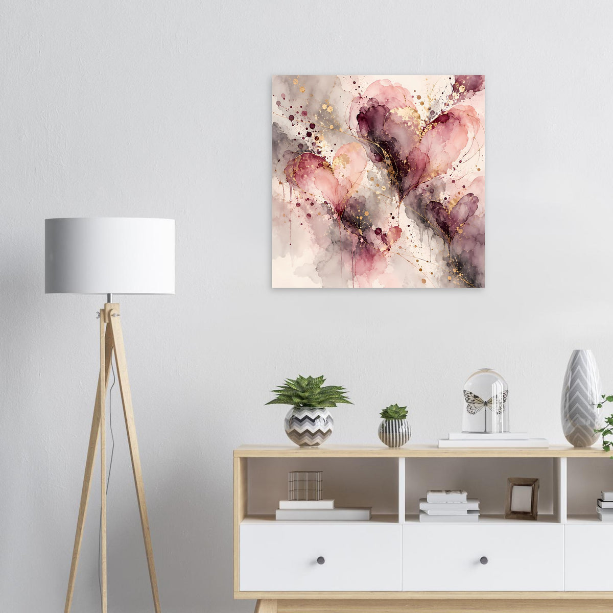 Quadratisches Poster mit abstrakten Herzmotiven in Rosa und Gold, Aquarell-Look