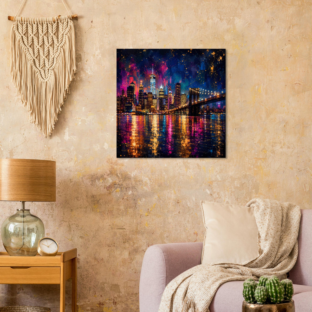 Quadratisches Stadtposter mit nächtlicher Skyline, Hängebrücke und farbigen Reflexionen im Wasser