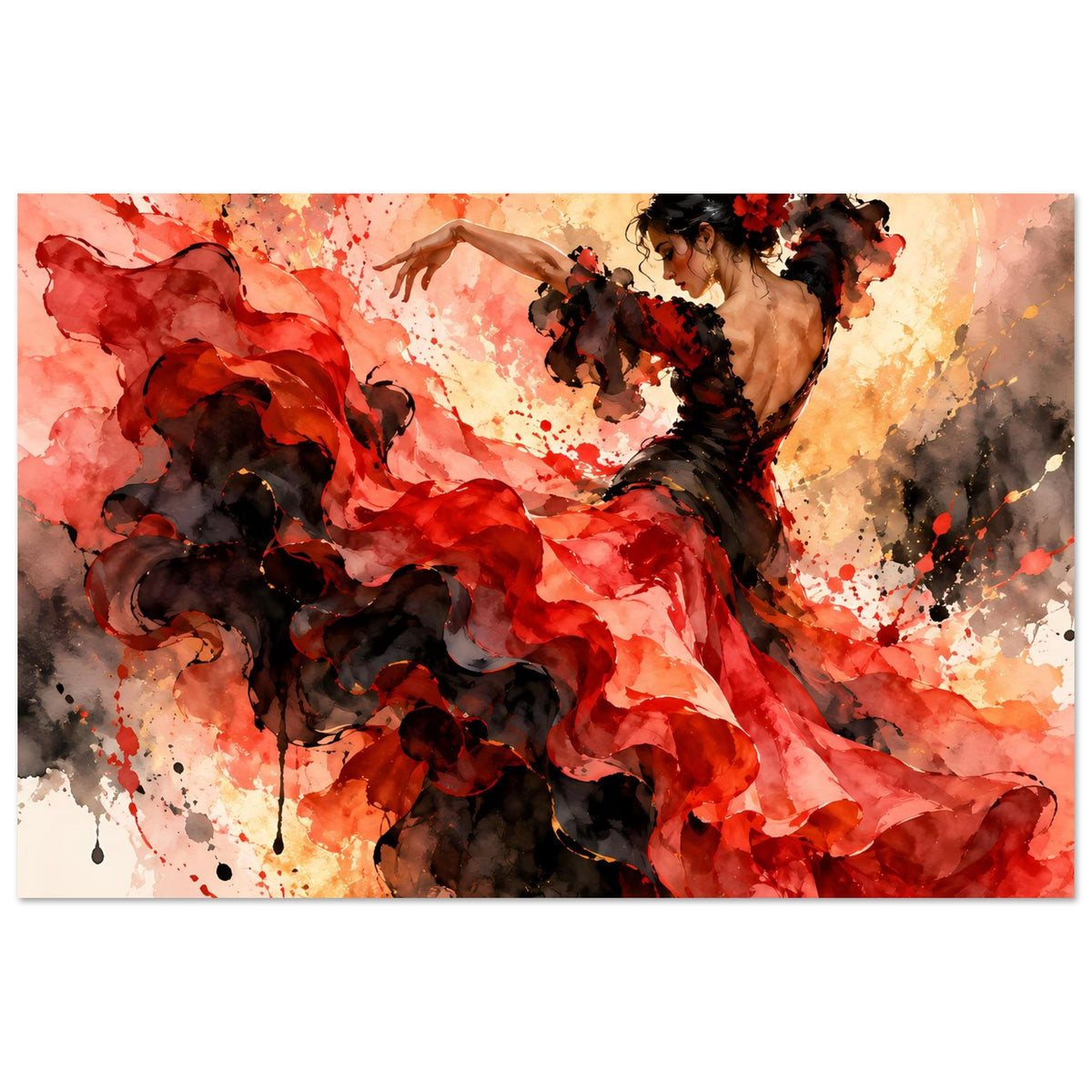 Flamenco-Tanzposter: tanzende Frau mit wallendem rotem Rock und dunklen Accessoires