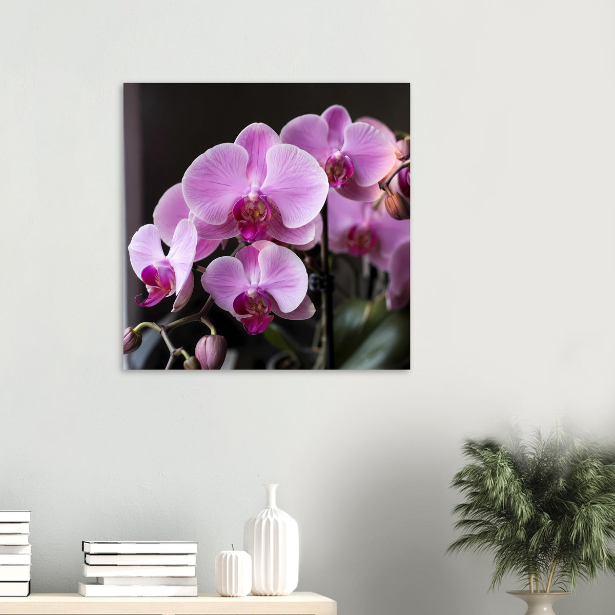 Wandposter mit pastellrosa Orchideenblüten im Quadrat, mehrere Blüten im Vordergrund