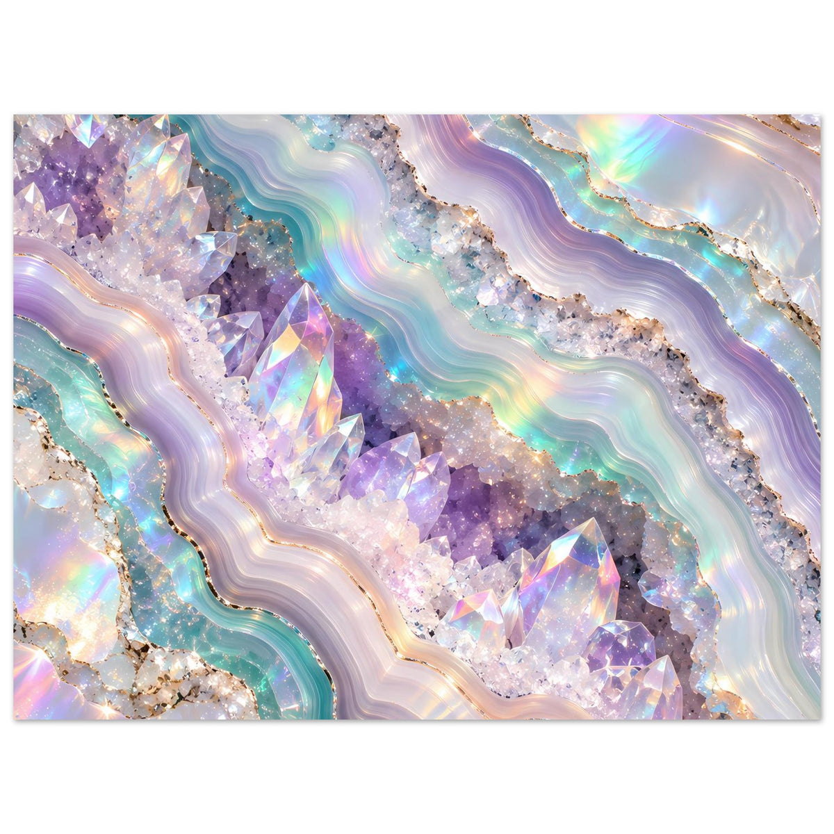 Holografisches Geode-Kristall-Poster im Querformat mit violetten Spitzen, türkisfarbenen Bändern und regenbogenfarbenem Schimmer