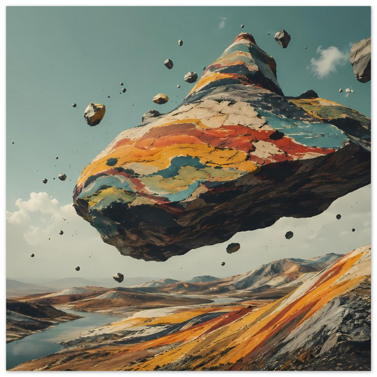 Horizontales Poster mit schwebendem Berg, orangefarbenen Zonen und schwarzen Felsflächen