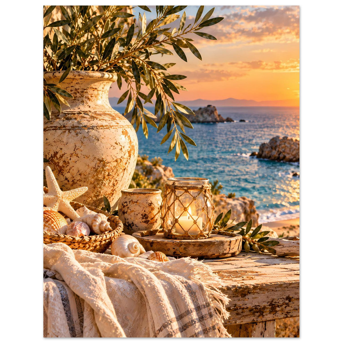 Mediterranes Küstenstillleben: Keramikvase, Windlicht, Olivenzweige, Muscheln und Tuch