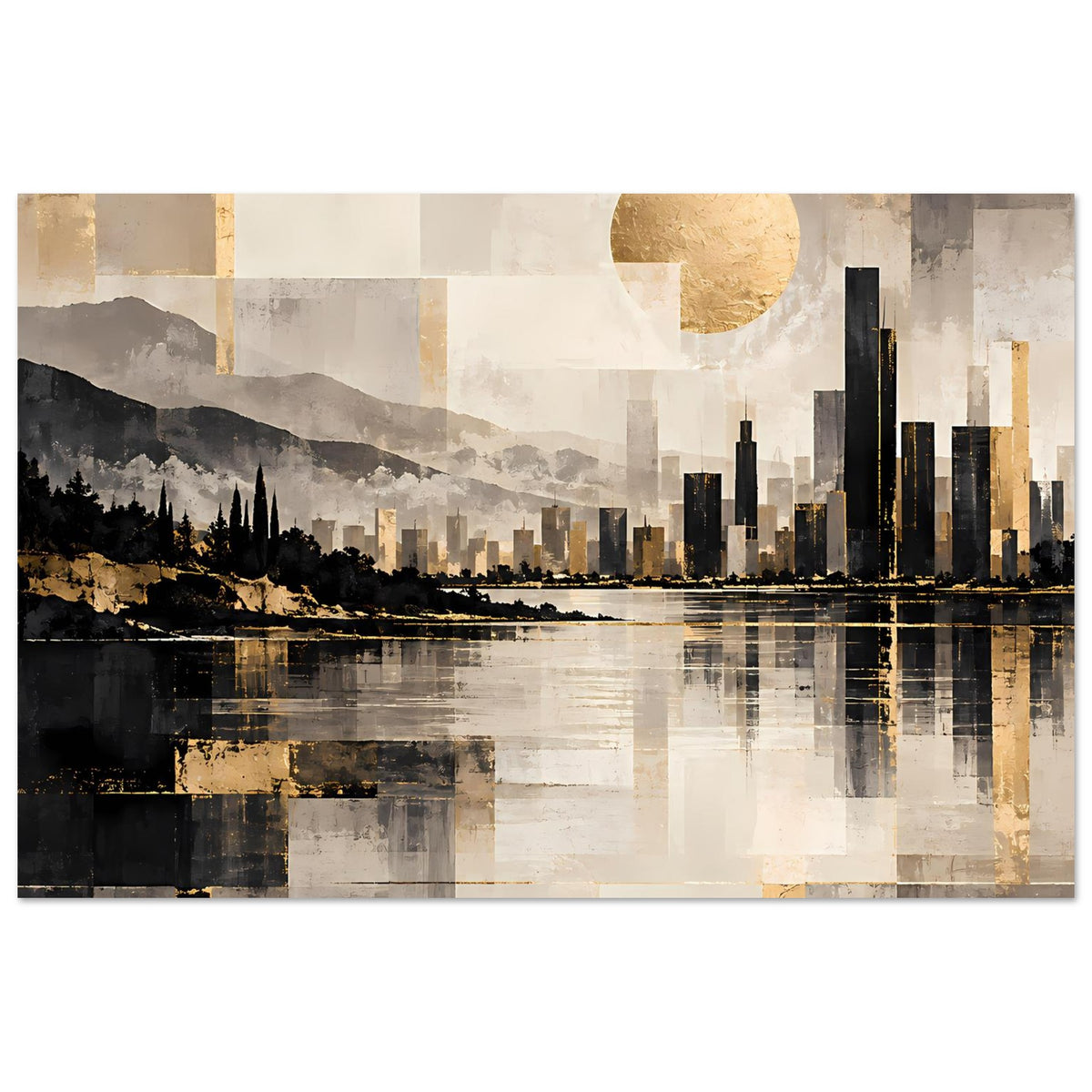 Stadtlandschaftsposter im Panoramaformat mit goldener Sonne, Skyline und klarer Spiegelung