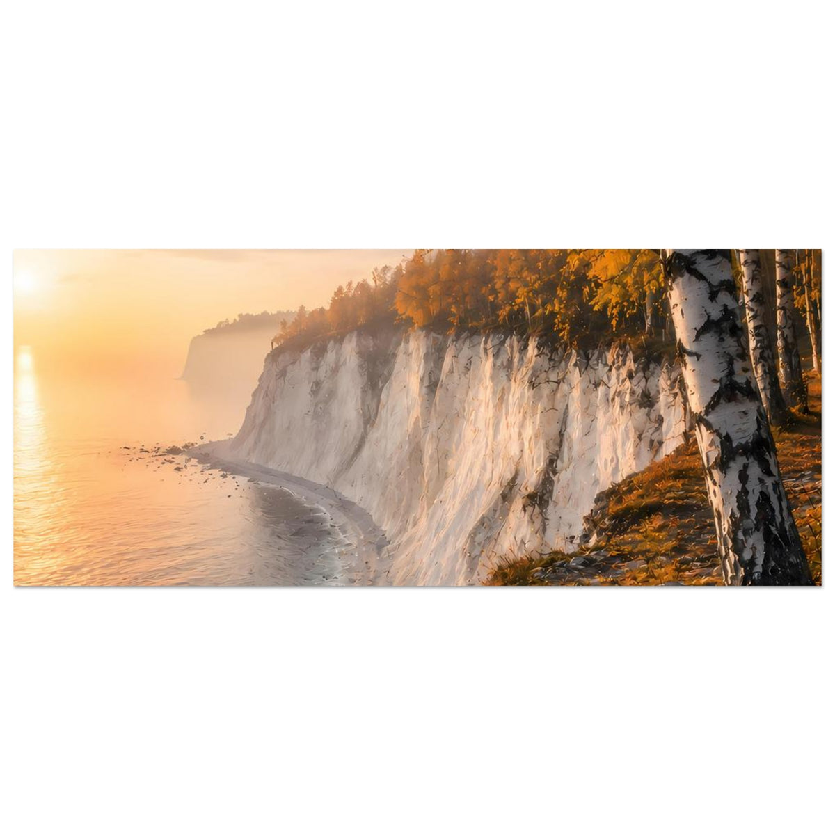 Horizontales Poster mit Küstenlinie, herbstlichen Birken am Felsen und warmem Licht