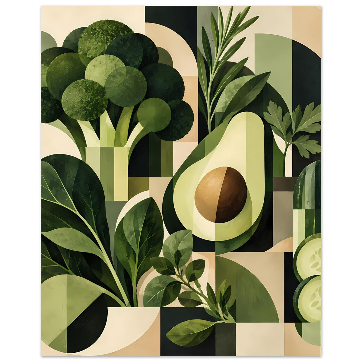 Geometrisches Poster mit Avocado-Kerbe und Pflanzen in Grün, zentrierte Komposition