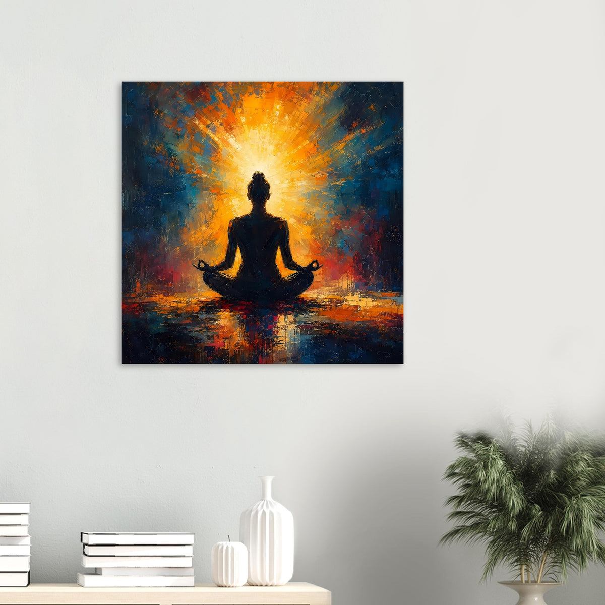 Poster mit Meditationsfigur, gelb-orange Strahlen und dunkle Silhouette, abstrakter Farbspritzer