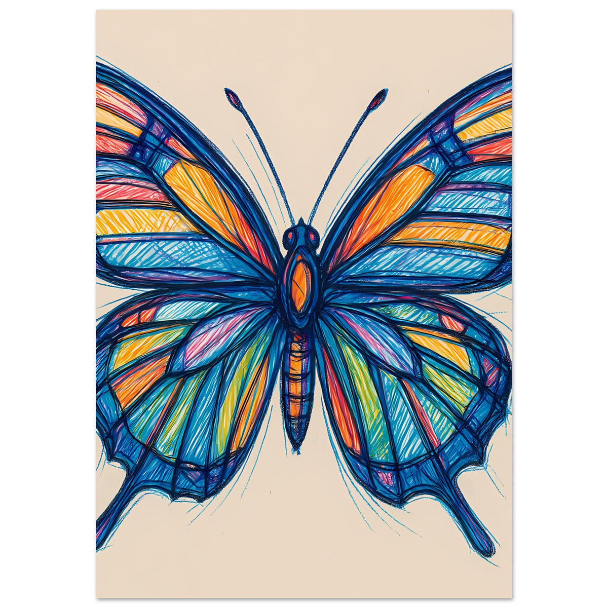 Schmetterlings-Kunstposter, hochformatig, zentraler Schmetterling mit gestreiften Flügeln