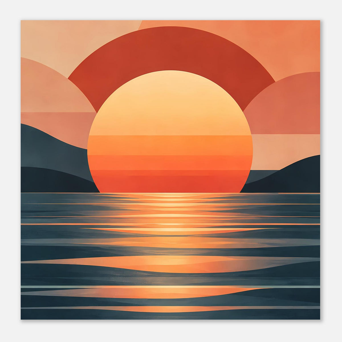 Kunstdruck/Poster im Querformat: orange-rote Sonne über dunkelblauem Meer mit feinen Streifen.