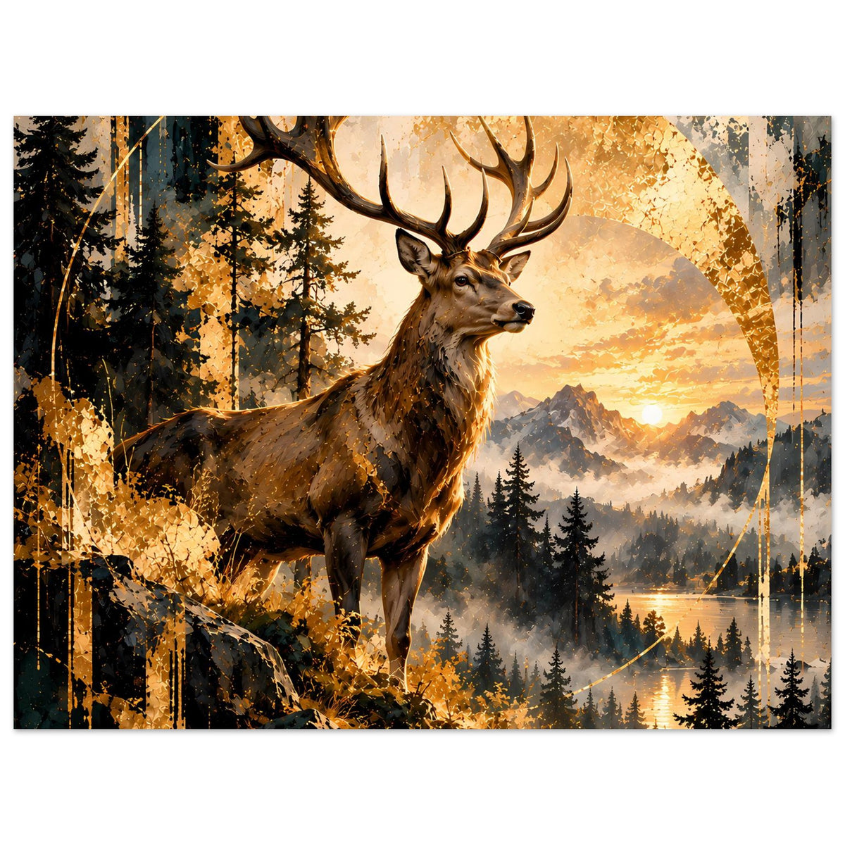 Poster mit Hirsch und Geweih vor Wald- und Berglandschaft, auf weißem Hintergrund, im Rahmen