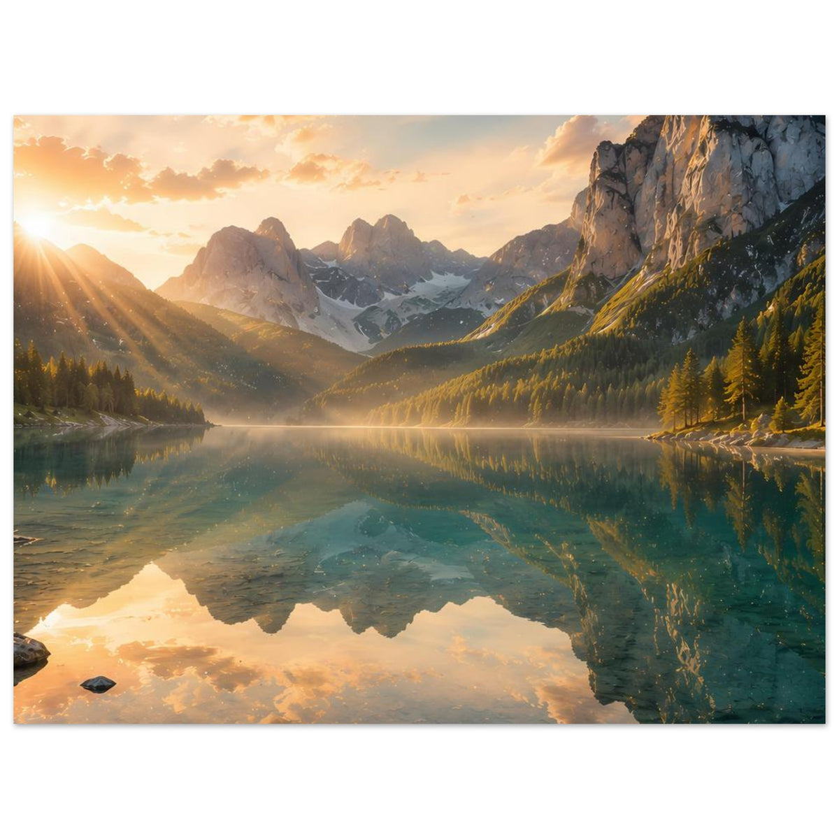 Kunstdruck-Poster mit Bergkette und See im Morgenlicht, Reflexionen im Wasser