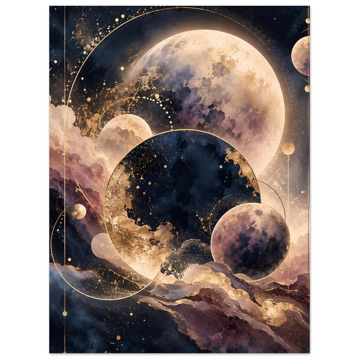 Planetenposter im Hochformat mit großem Mond, dunklem Planeten und kleinem Mond, Sternen