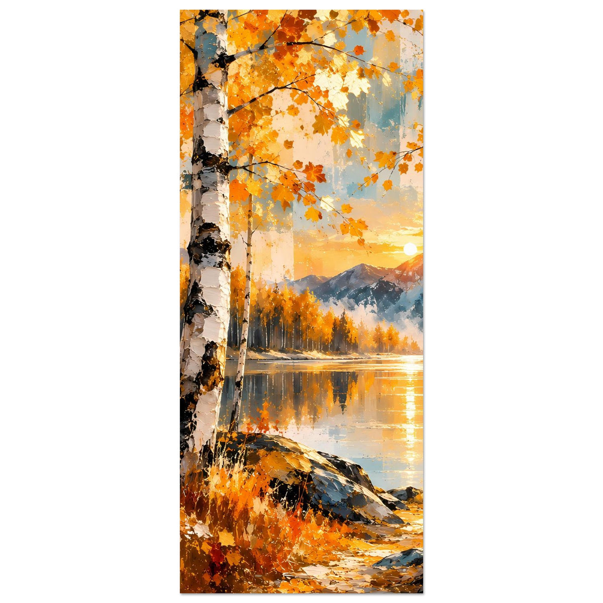 Vertikales Herbstposter mit Birkenallee, orangefarbenem Laub und Abendsonne