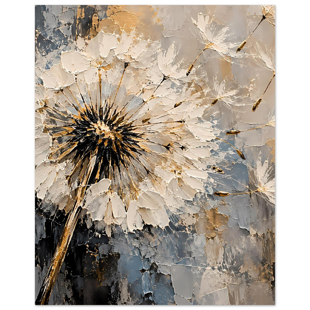 Vertikales Poster mit Pusteblume, schwarzen Details, cremefarbenen Blüten und blauem Hintergrund