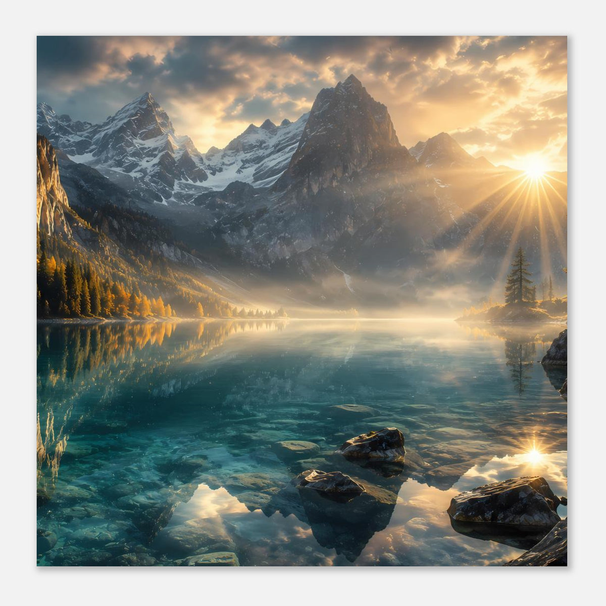 Quadratisches Poster mit Bergsee, schneebedeckten Bergen und Sonnenstrahlen rechts