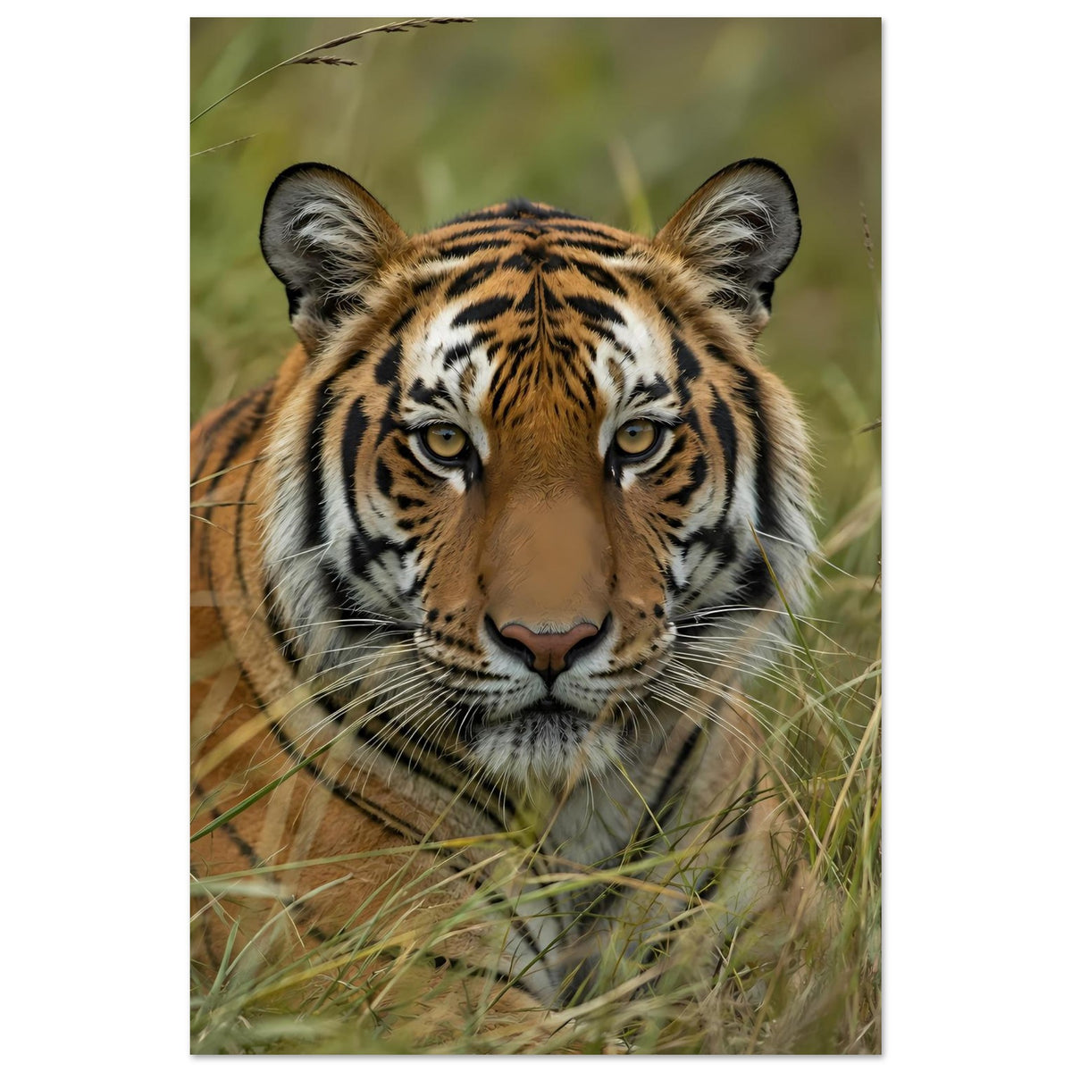 Wildtier-Poster, vertikal: Tiger im Gras mit intensivem Blick und markanten Streifen