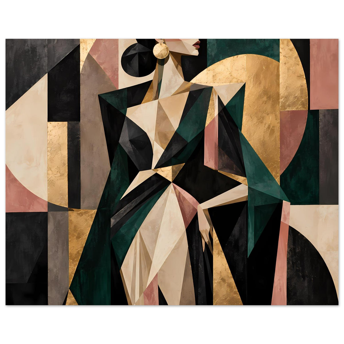 Abstraktes Poster mit geometrischen Formen in Olivgrün, Gold, Rosé und Schwarz