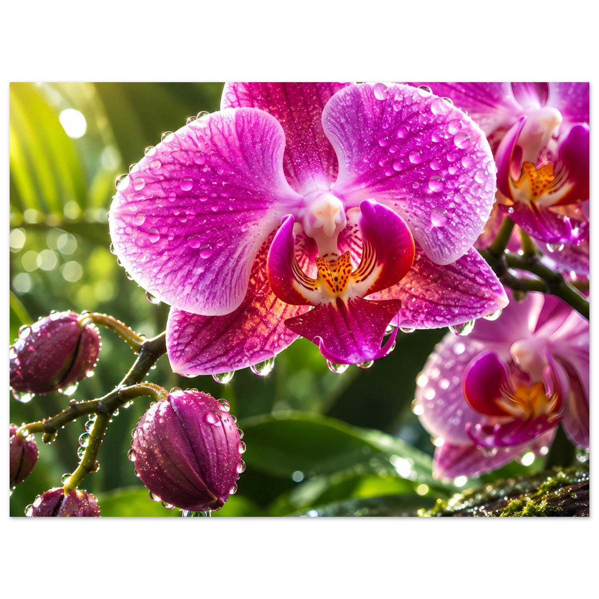 Poster mit pinkfarbenen Orchideenblüten, glitzernden Wassertropfen und Blütenknospen