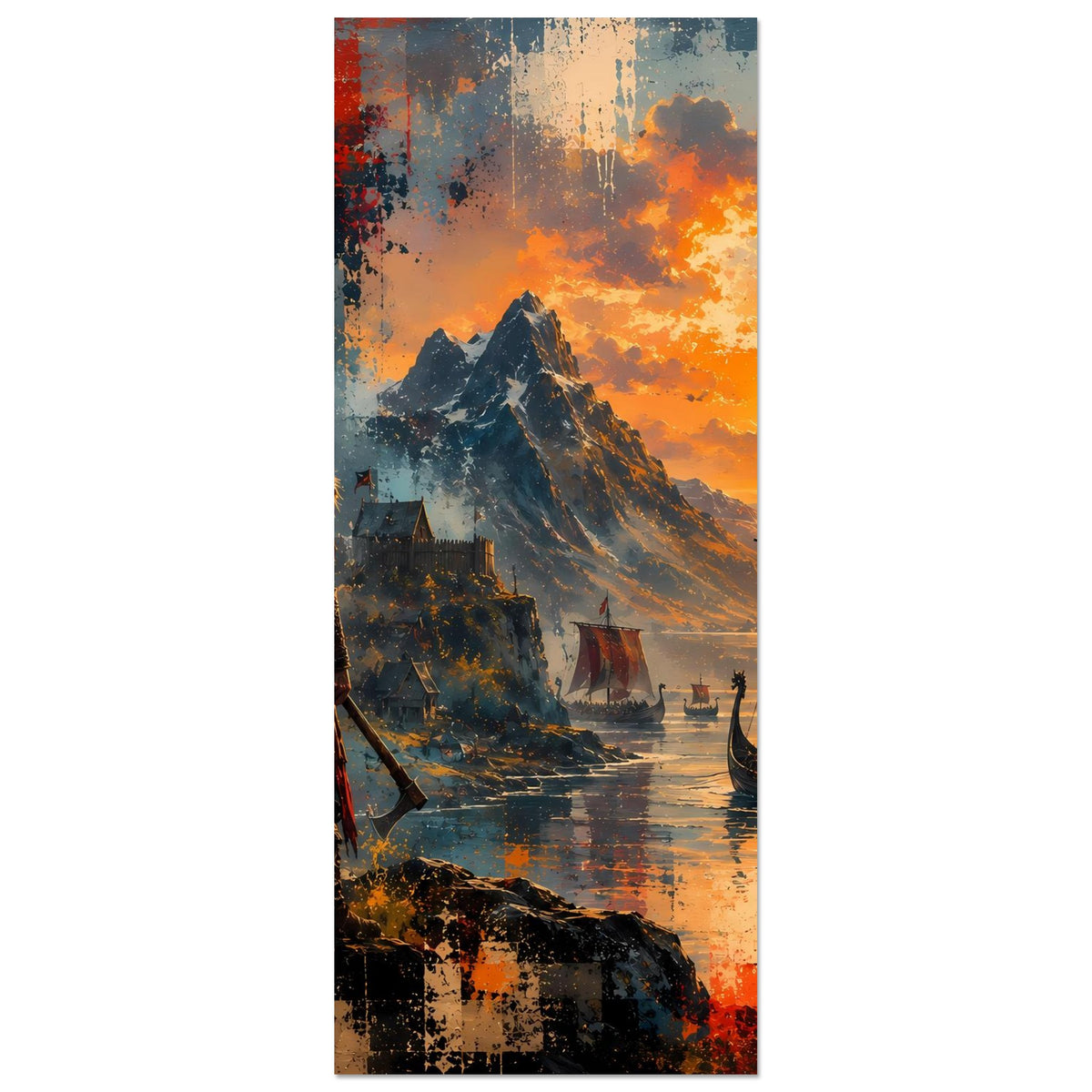 Vertikales Poster mit Bergen, Fluss und Segelbooten vor orangefarbenem Himmel