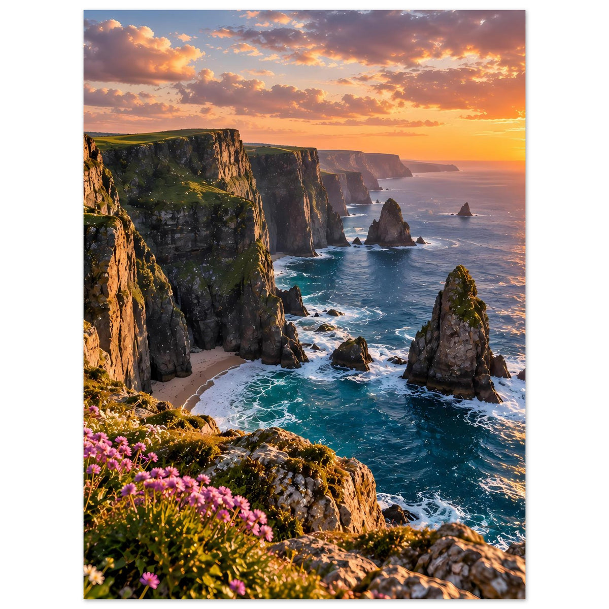 Poster mit dramatischer Steilküste, Wellen im Meer und pinken Blumen am Felsen