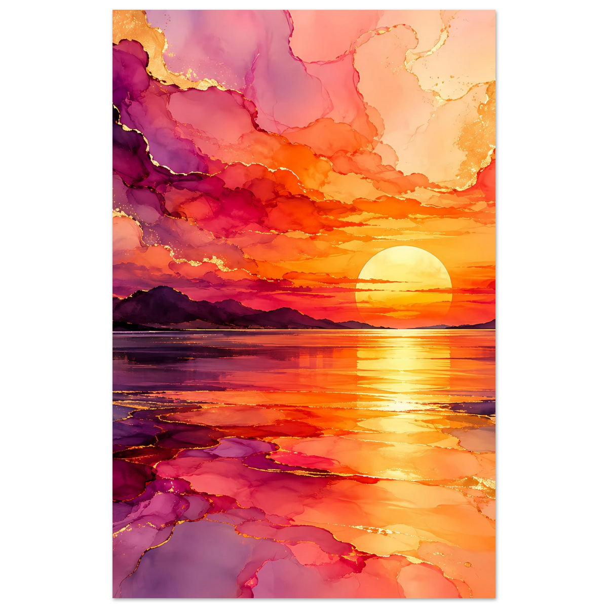 Hochkant-Wandposter mit Sonnenuntergang in Violett und Orange, Sonne über See