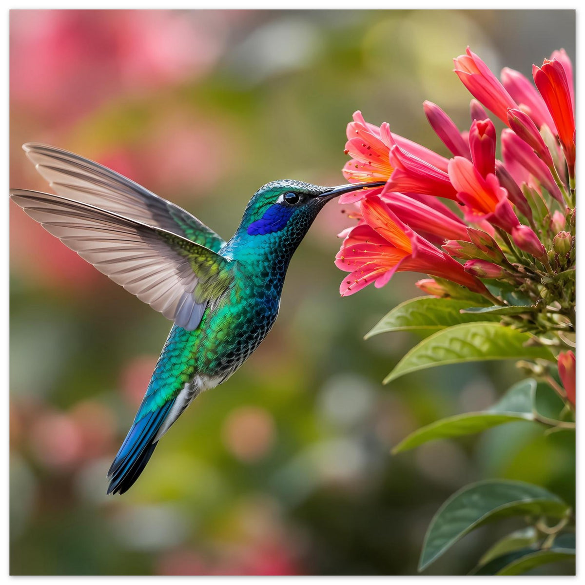 Naturposter: Kolibri türkisblau und rosa Blüten, Blick seitlich nach rechts