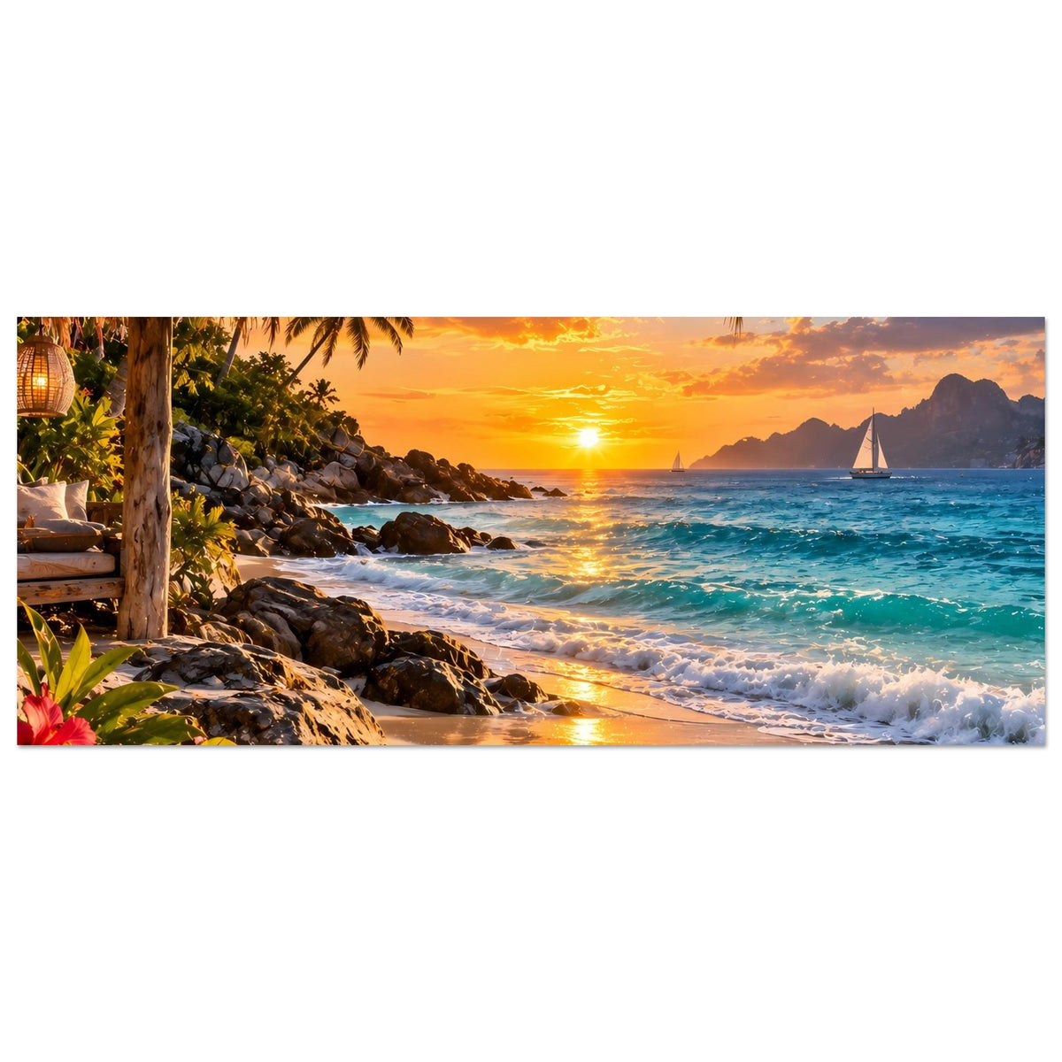 Querformatiges Strandposter mit Sonnenuntergang, Palmen, Meerwellen und Blüten am Rand