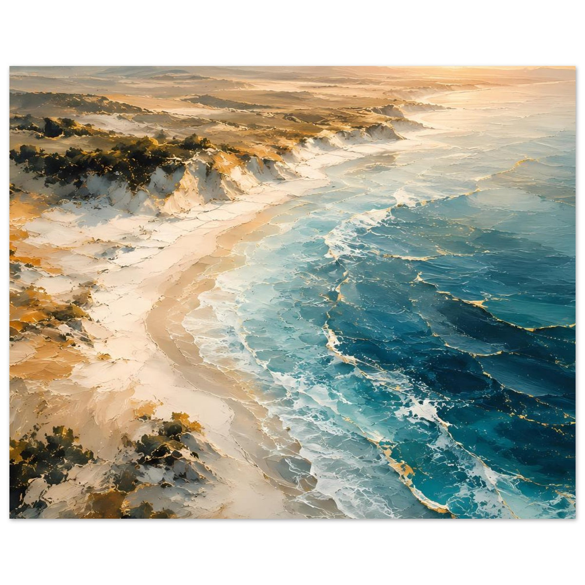 Poster Nahansicht Küste: türkisblaues Meer, helle Uferlinie, Schaumwellen