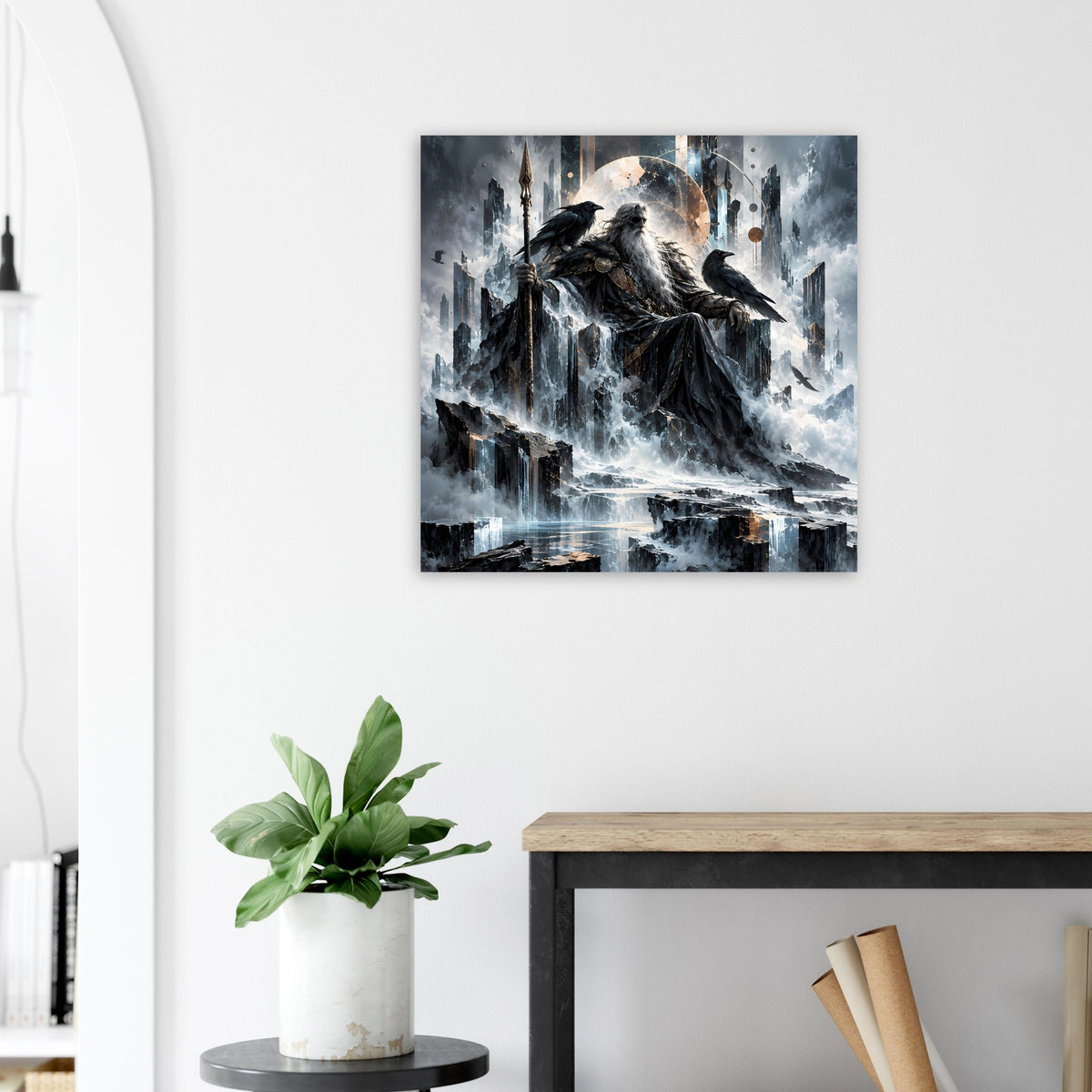 Mythologie-Poster mit nordischem Gott auf Thron, Raben und nächtlichem Himmel