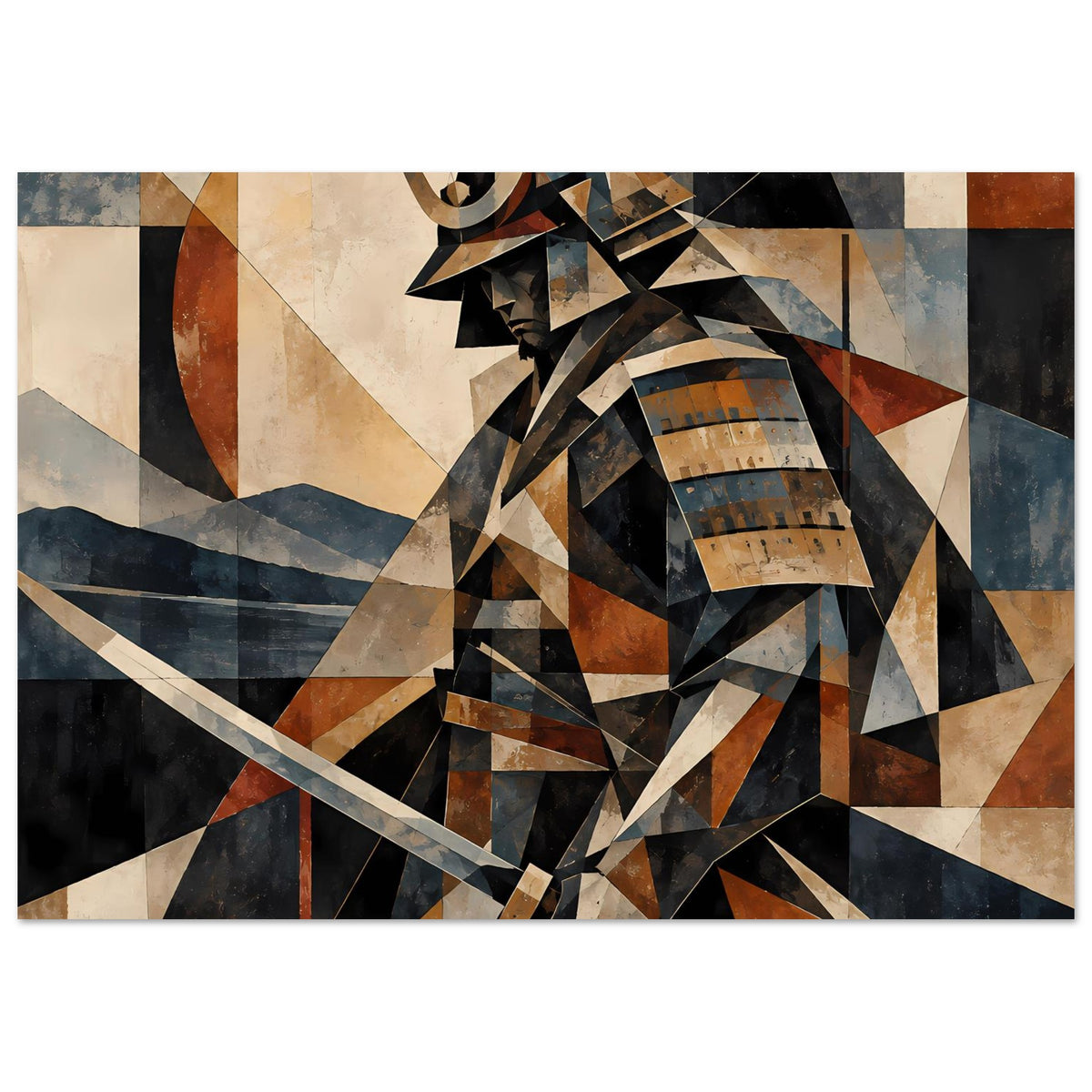Poster mit geometrischem Samurai-Krieger in Beige, Braun, Blau und Schwarz, Katanaschwert