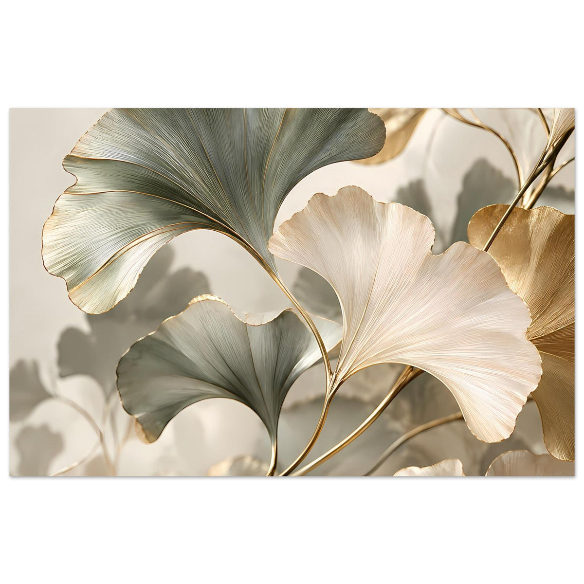 Ginkgo-Blätter Poster mit sanften Grün- und Weißtönen sowie goldenen Akzenten.