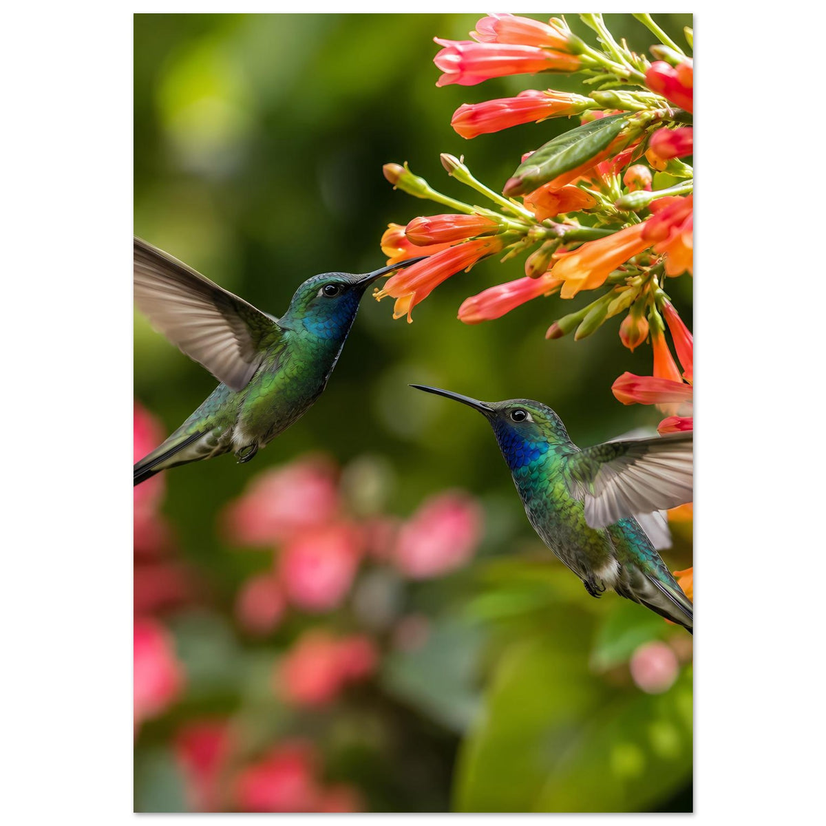 Poster mit zwei Kolibris, die an einem Blütenzweig aus orangefarbenen Blüten sitzen