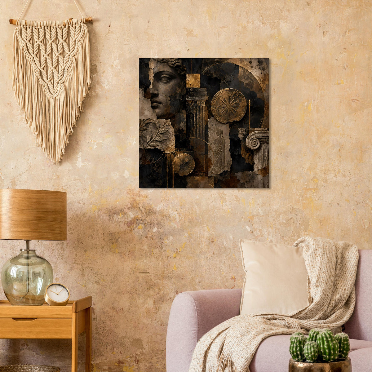 Quadratisches Wandposter: antikes Gesicht und Ornamente in Bronze- und Dunkeltönen