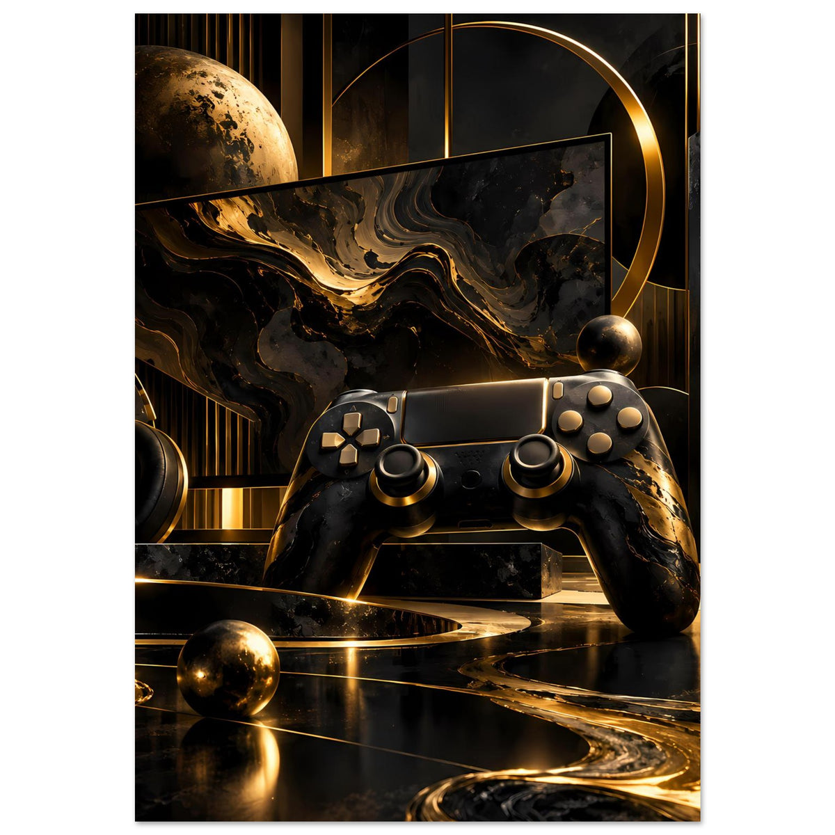 Gaming-Poster mit Gamecontroller in Schwarz und Gold, goldene Strahlen über Marmormuster