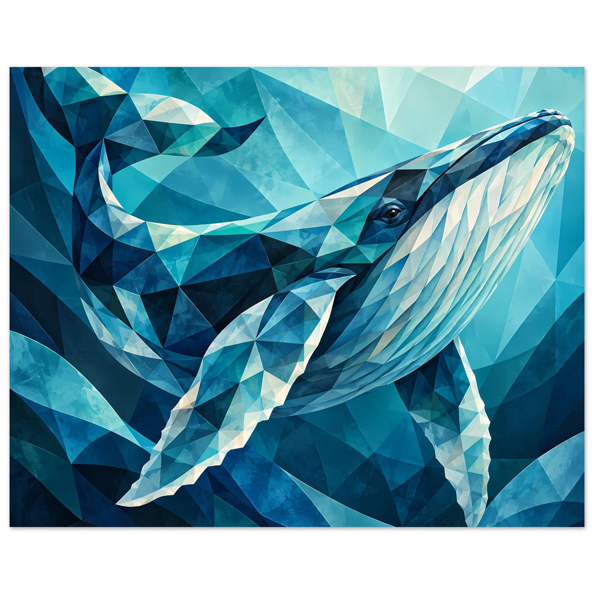 Wandposter mit geometrischem Blauwal in Blau/Aquamarin, querformatig, voller Wal