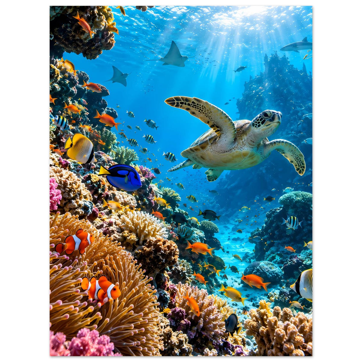 Rechteckiges Poster mit Unterwasser-Korallenriff, Schildkröte und bunten Fischen im Blau.