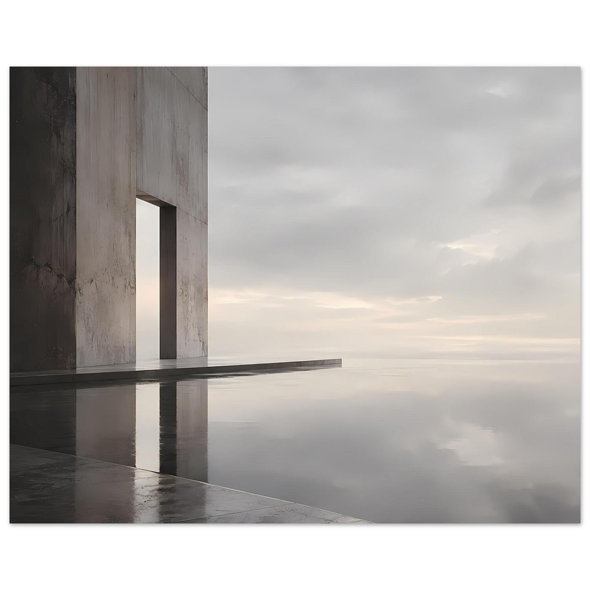 Architekturposter im Querformat: Betonarkade links, schwarzer Steg und Wasserreflexion