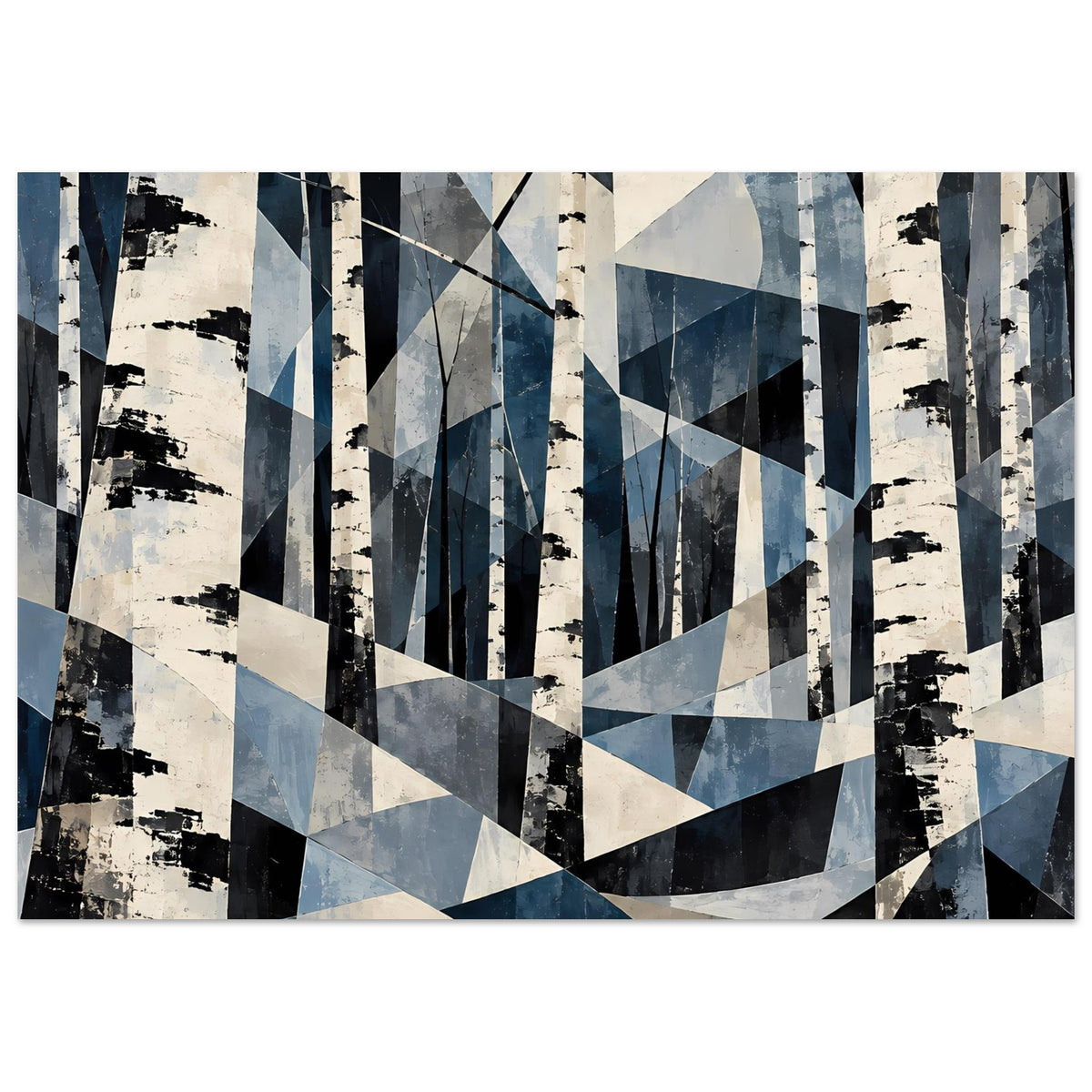 Abstraktes Naturposter mit geometrischem Birkenwald in Blau, Schwarz und Weiß