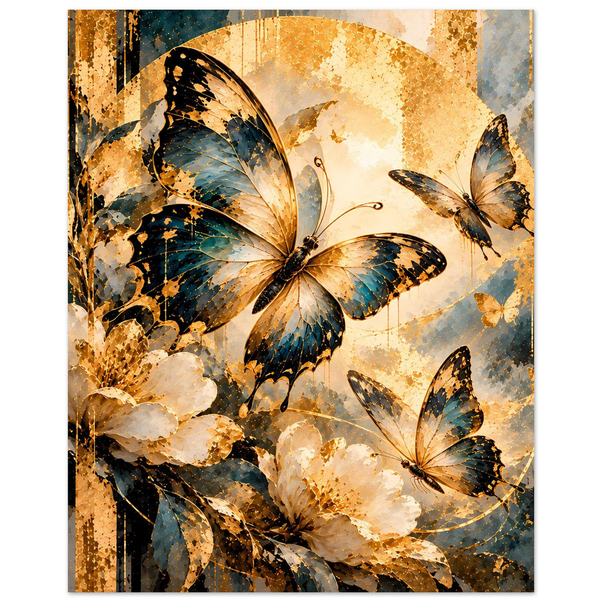 Poster im Hochformat mit mehreren Schmetterlingen und warmem Gold-Blau-Muster