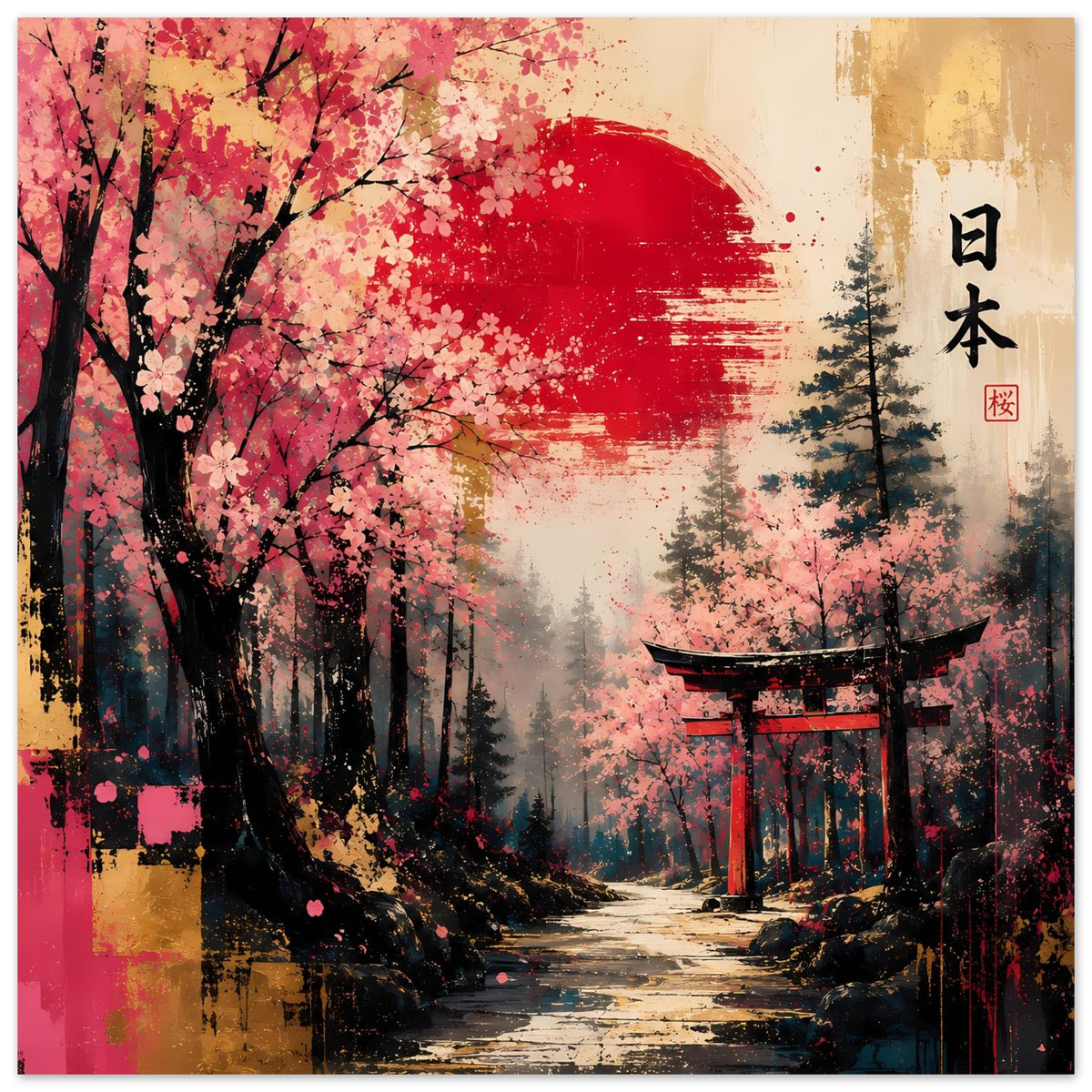 Quadratisches Poster mit Kirschblüten, rotem Halbmond und Torii, japanische Schrift rechts