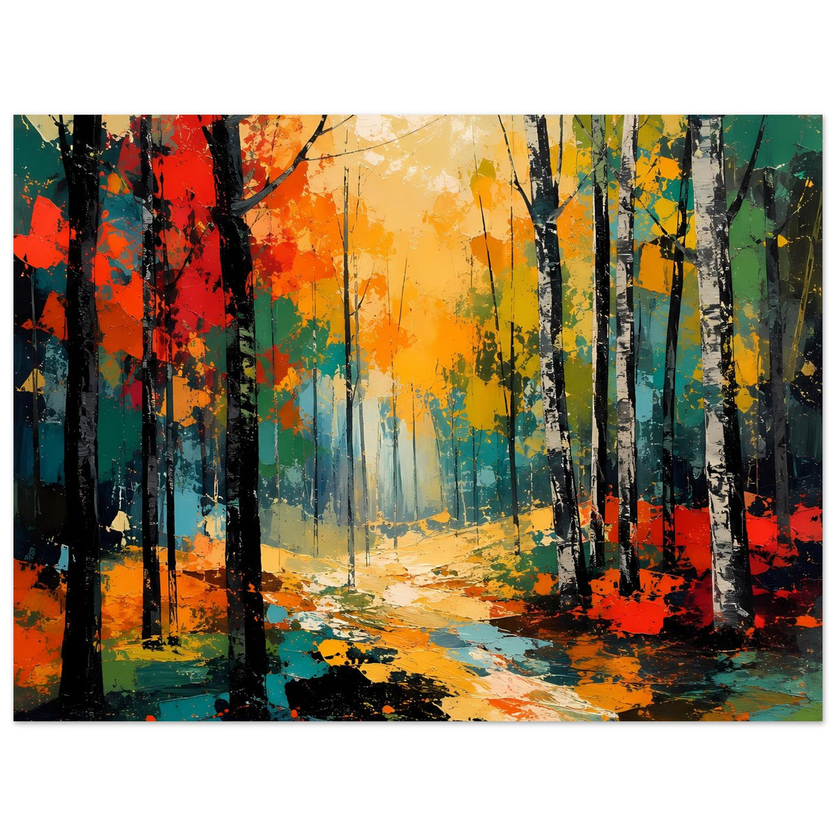 Wandposter im Querformat: Herbstwald-Gemälde mit farbigen Spritzern, Bäumen und Waldbodenweg