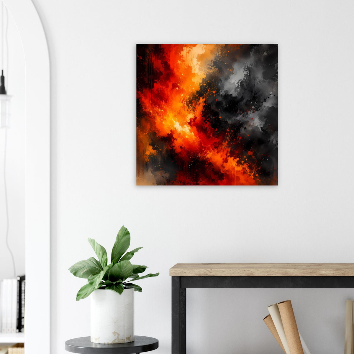 Abstraktes Feuer- und Rauchposter mit schwarzem Rahmen, leuchtend orange, kräftig dunkler Rauch