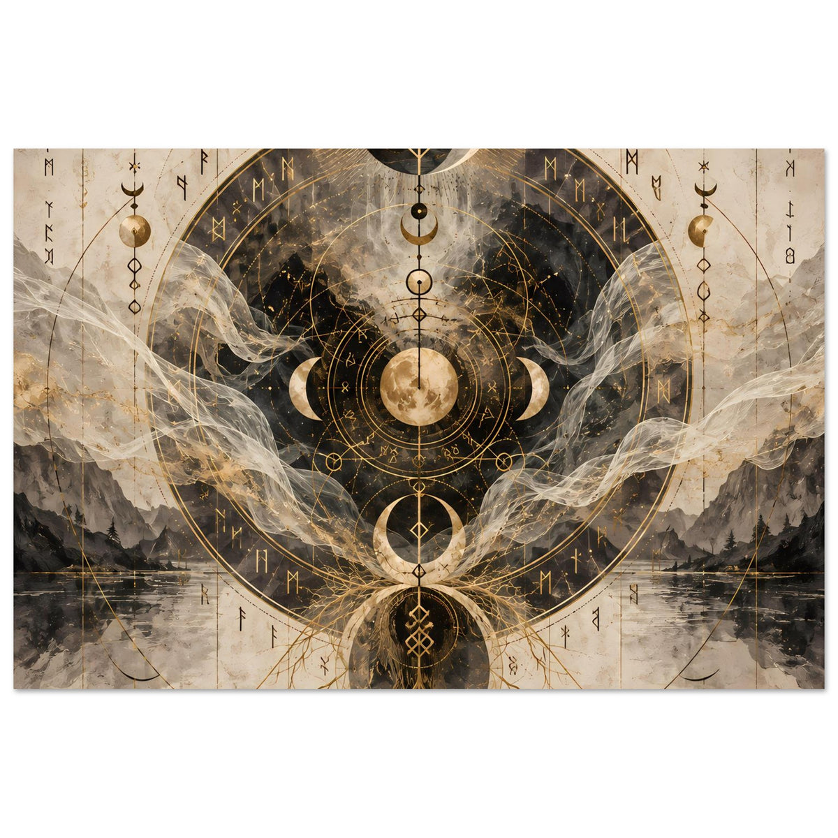 Poster mit Mondphasen und goldenen Gestänge-Ornamenten, hellem Hintergrund mit dunkler Mitte