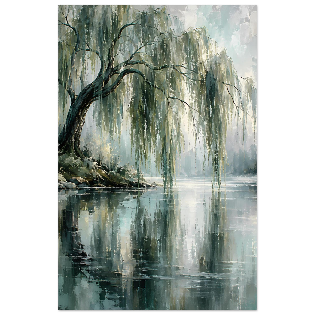Poster im Hochformat mit hängenden Weiden und spiegelndem See