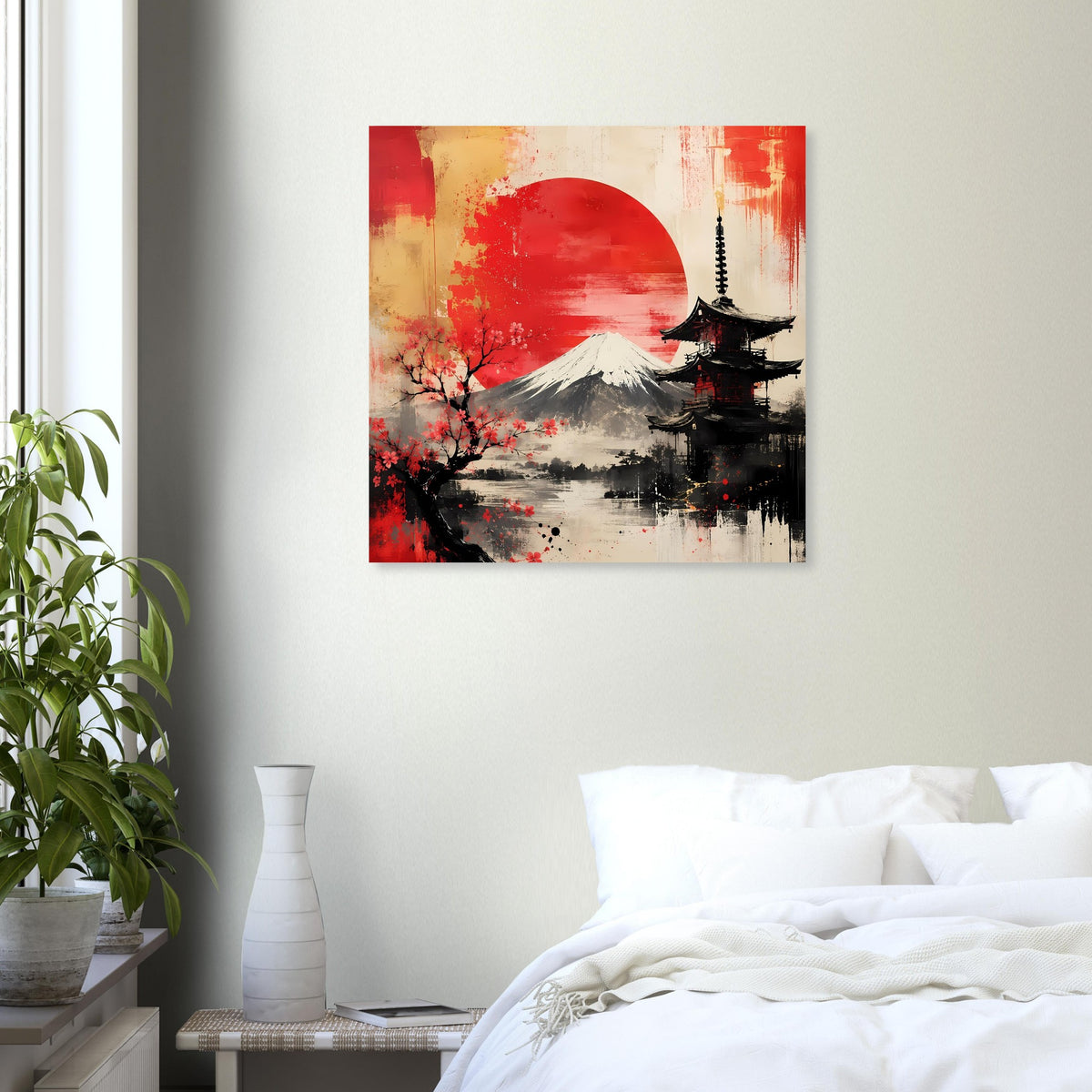 Japanisches Wandposter: roter Sonnenkreis über Fuji, Pagode und Kirschblüten im Farbverlauf