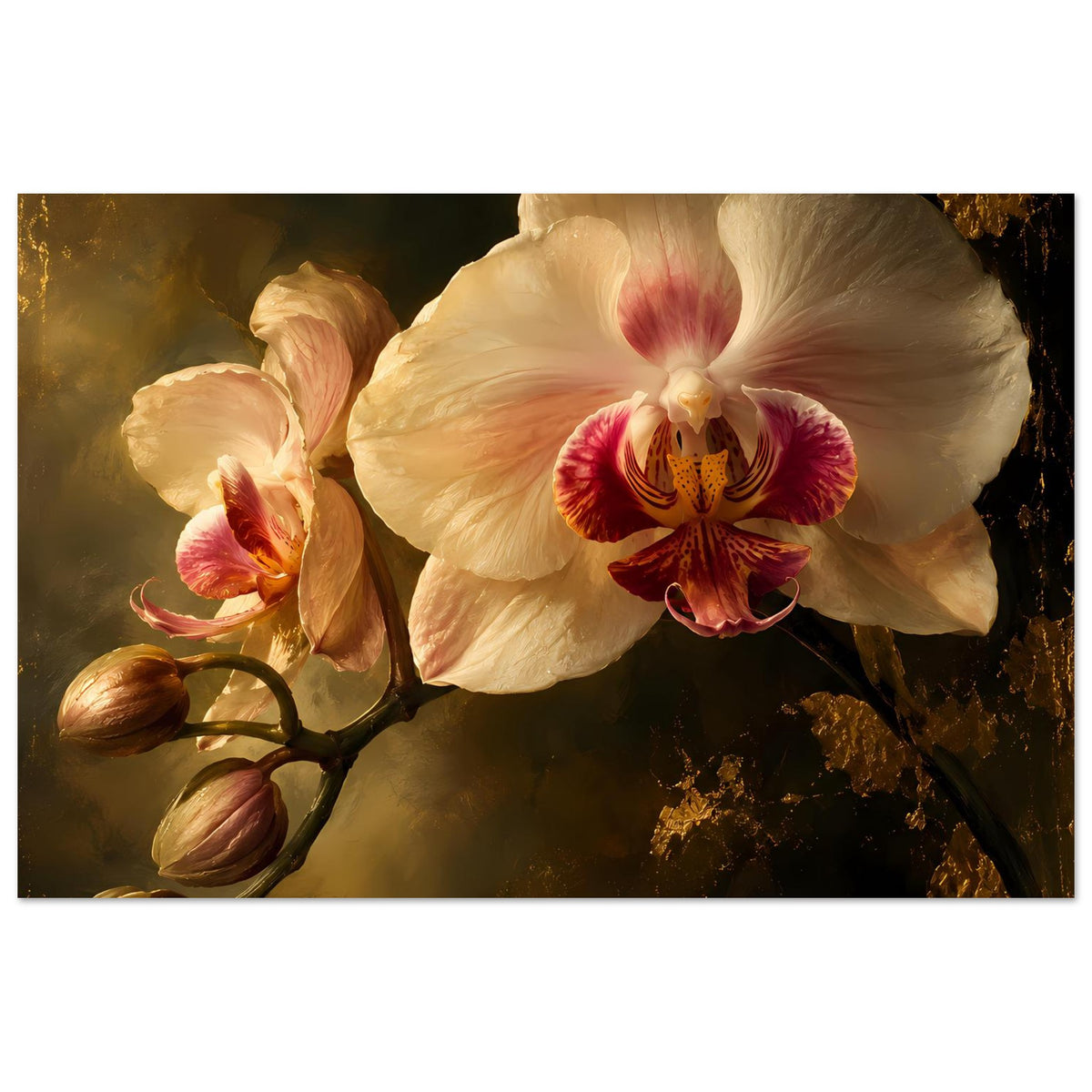 Orchideen-Poster mit großer cremeweißer Orchideenblüte, rosa Zentrum und Knospen