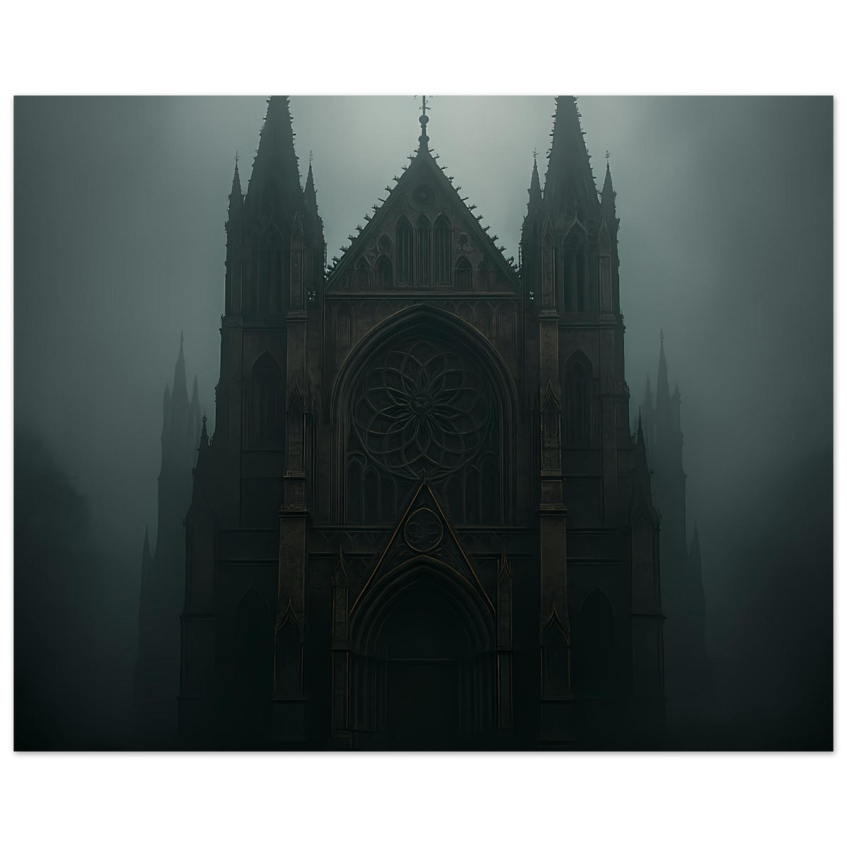 Gotisches Kathedralenposter im Querformat: zentrale Fassade mit Rundfenster und hohen Türmen im Nebel