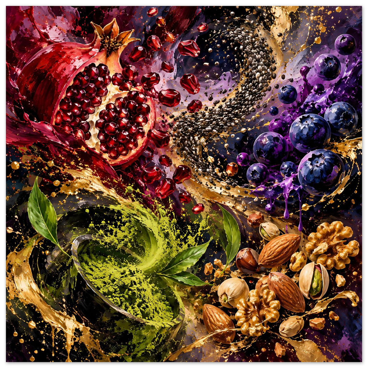 Poster mit dynamischem Obst-Motiv: Granatapfel, grüne Blattpflanze, Blaubeeren und Körnchen-Splash